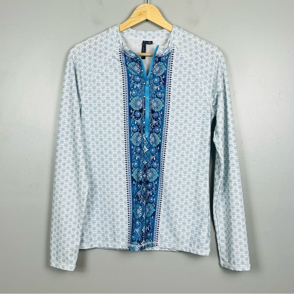 Aqua Et Sol UPF 50+ aqua blue print 1/4 zip pullover swim rashguard top, medium.